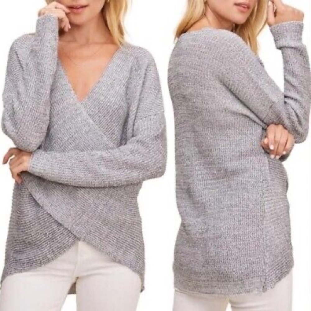 ASTR The Label Women's Surplice Sweater Pullover Wrap V-Neck Gray